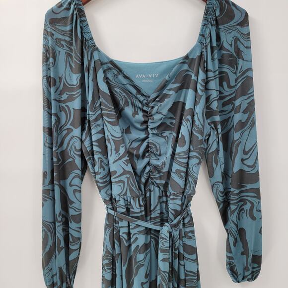 Ava & Viv‎ Swirl Maxi Dress Womens 1X Blue Mesh Ruched Long Balloon Sleeve - Picture 12 of 16